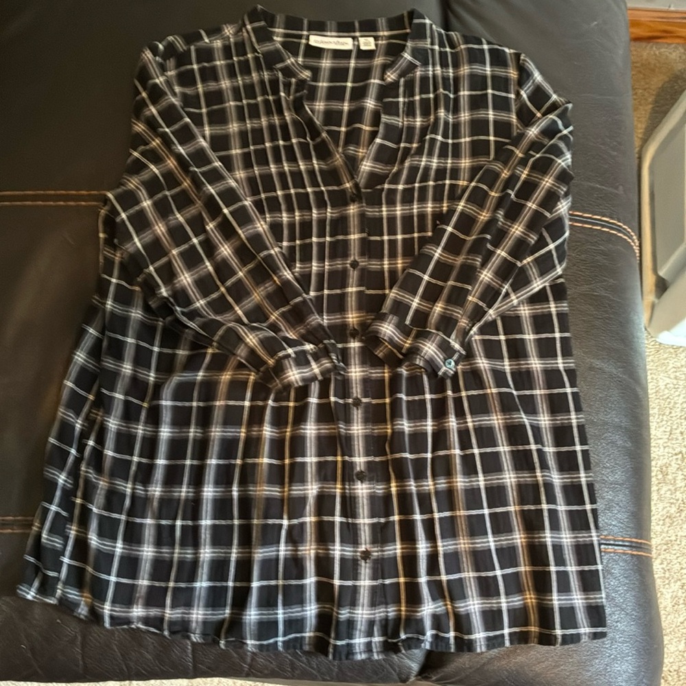 St. John's Bay Black White Plaid Tunic Top Button Shirt Women’s,XL, Nehru collar